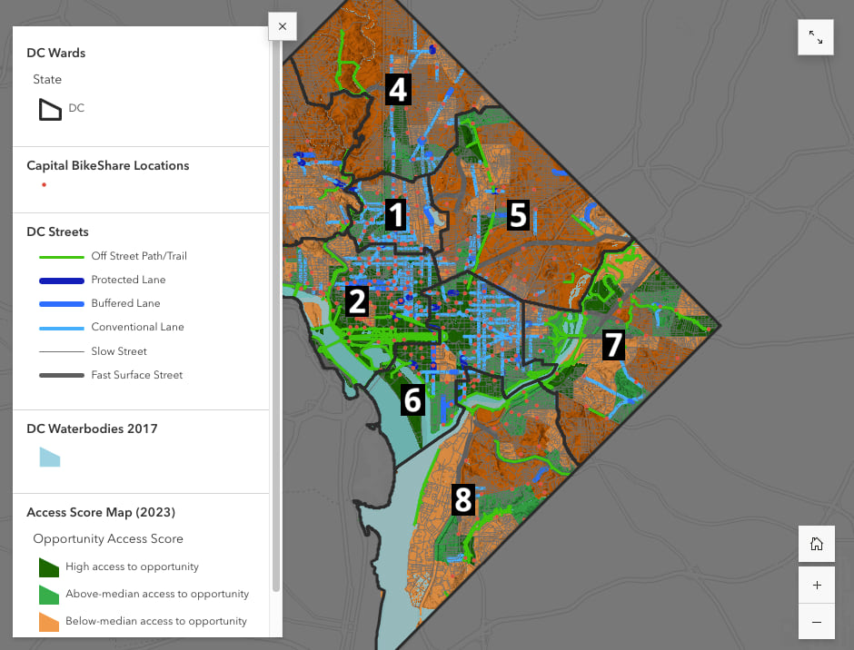 A screenshot of a map depicting bike infrastructure and access analysis in Washington, D.C., with the legend open.